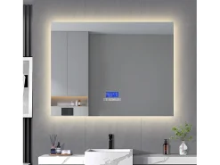 Espejo-Espejo de baño, 100x80cm, espejo LED con altavoz Bluetooth, iluminación ajustable, función antivaho, indicador de temperatura Blanco