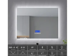 Espejo-Espejo de baño, 100x80cm, espejo LED con altavoz Bluetooth, iluminación ajustable, función antivaho, indicador de temperatura Blanco