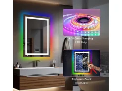 Best Fativo Espejo de baño 90x70cm RGB y LED regulable + antivaho + Bluetooth 5.2 + Reloj + 3 colores 4 botones Plateado
