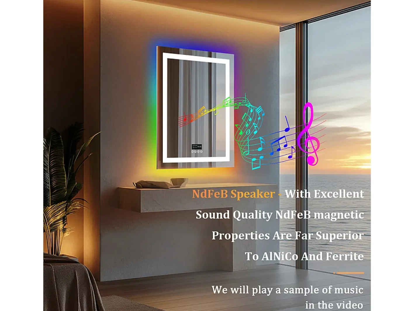 Best Fativo Espejo de baño 90x70cm RGB y LED regulable + antivaho + Bluetooth 5.2 + Reloj + 3 colores 4 botones Plateado