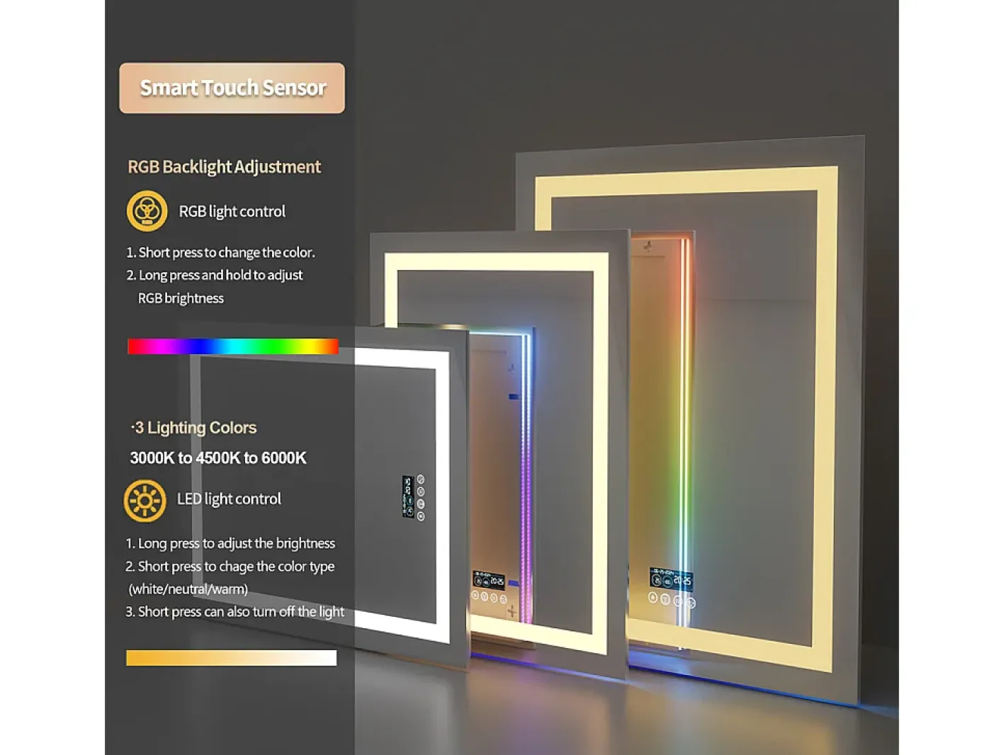 Best Fativo Espejo de baño 90x70cm RGB y LED regulable + antivaho + Bluetooth 5.2 + Reloj + 3 colores 4 botones Plateado