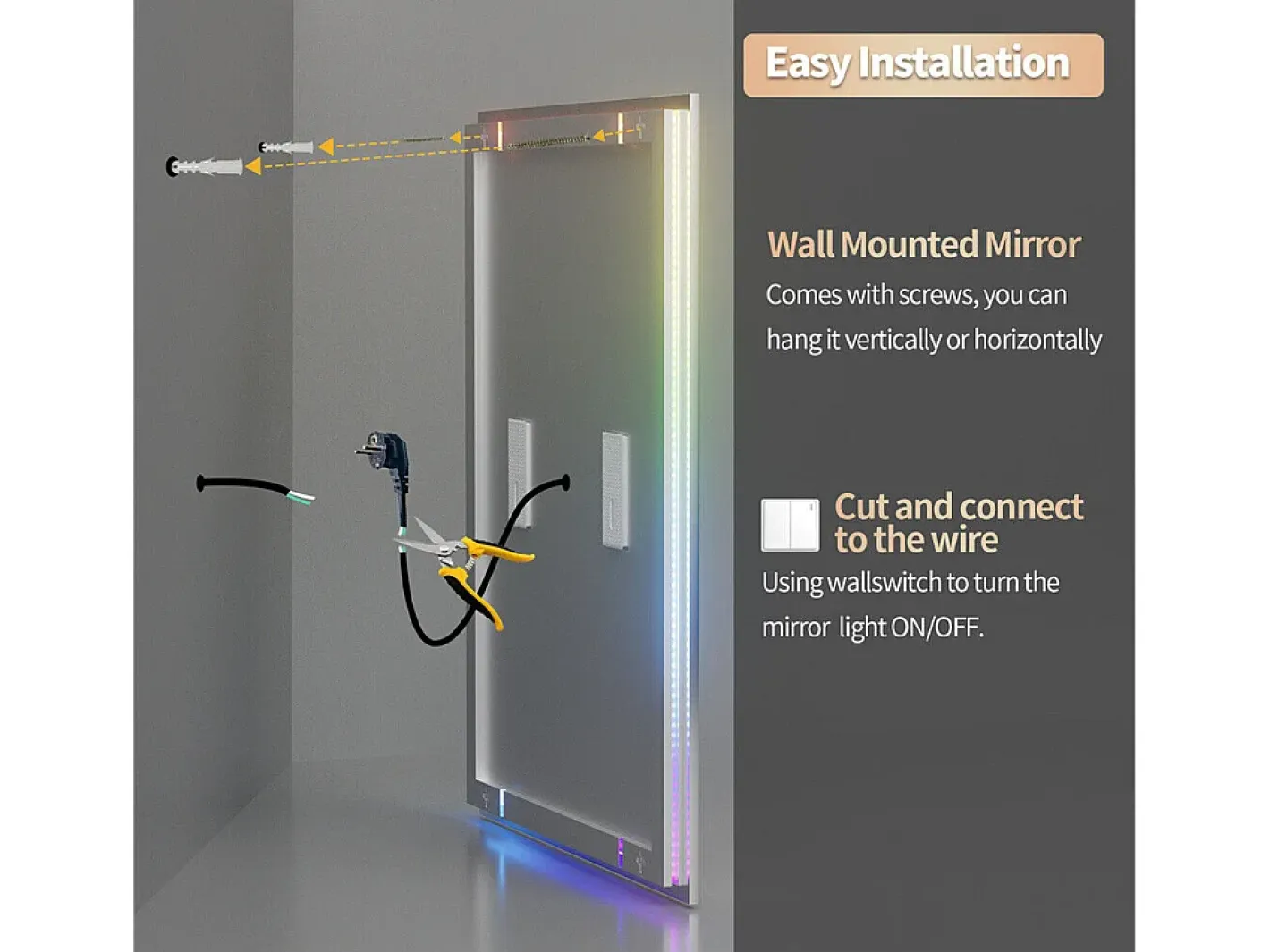 Best Fativo Espejo de baño 90x70cm RGB y LED regulable + antivaho + Bluetooth 5.2 + Reloj + 3 colores 4 botones Plateado