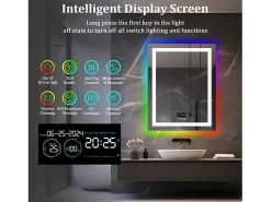 Best Fativo Espejo de baño 90x70cm RGB y LED regulable + antivaho + Bluetooth 5.2 + Reloj + 3 colores 4 botones Plateado