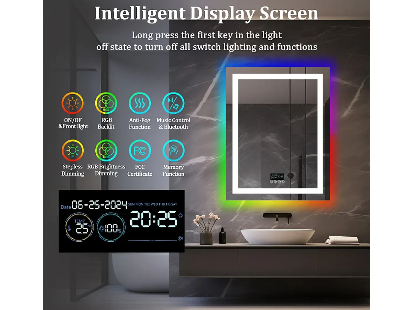 Best Fativo Espejo de baño 90x70cm RGB y LED regulable + antivaho + Bluetooth 5.2 + Reloj + 3 colores 4 botones Plateado