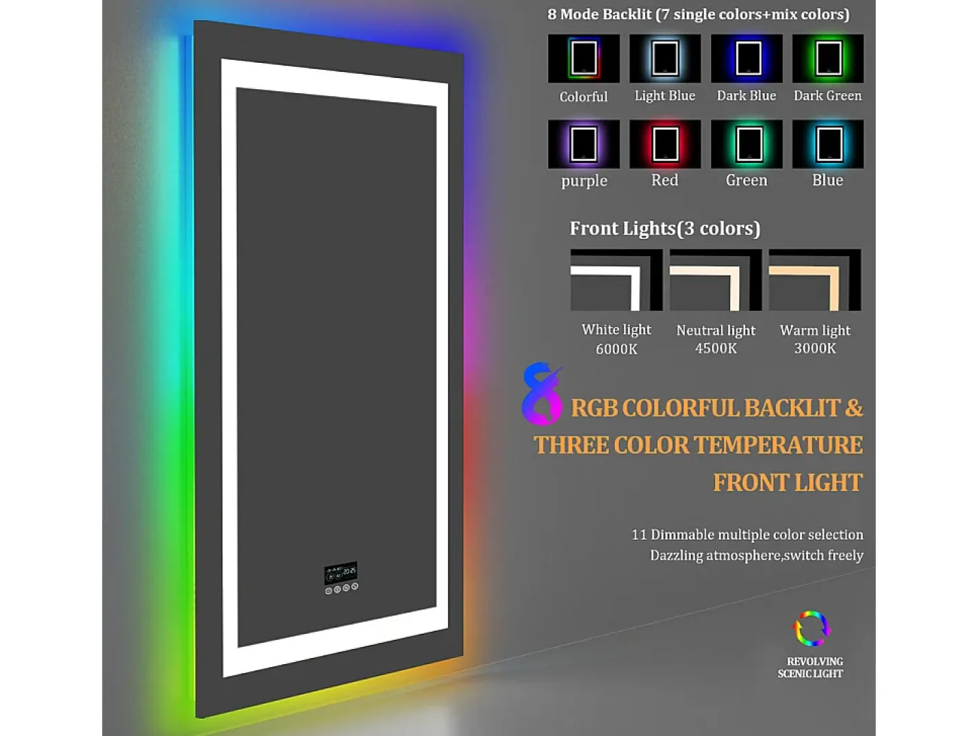 Best Fativo Espejo de baño 90x70cm RGB y LED regulable + antivaho + Bluetooth 5.2 + Reloj + 3 colores 4 botones Plateado