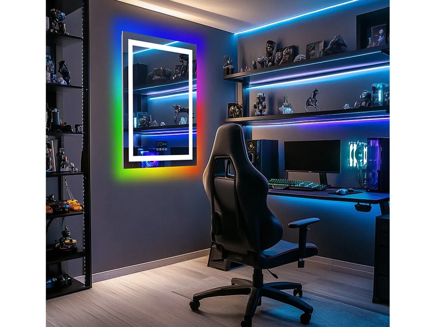 Best Fativo Espejo de baño 90x70cm RGB y LED regulable + antivaho + Bluetooth 5.2 + Reloj + 3 colores 4 botones Plateado