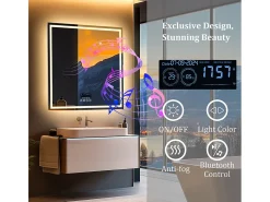 Fativo Espejo-Espejo de baño 80x80m LED regulable + antivaho + Bluetooth 5.2 + Reloj + 3 colores Plateado