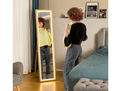 Espejo de cuerpo con LED, 3 colores de luz, espejo de pared con control táctil, espejo de pie, roble (40x5x160 cm) Marru00f3n Clearance