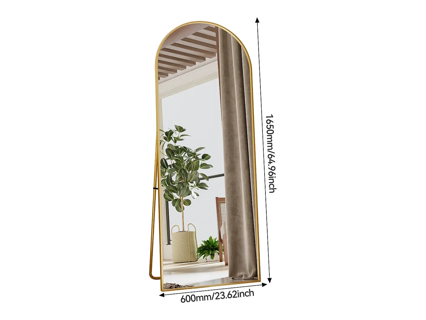 Hot Espejo de cuerpo entero - 165 x 60 cm - Marco de metal - Arqueado - Para salón o vestidor - Dorado