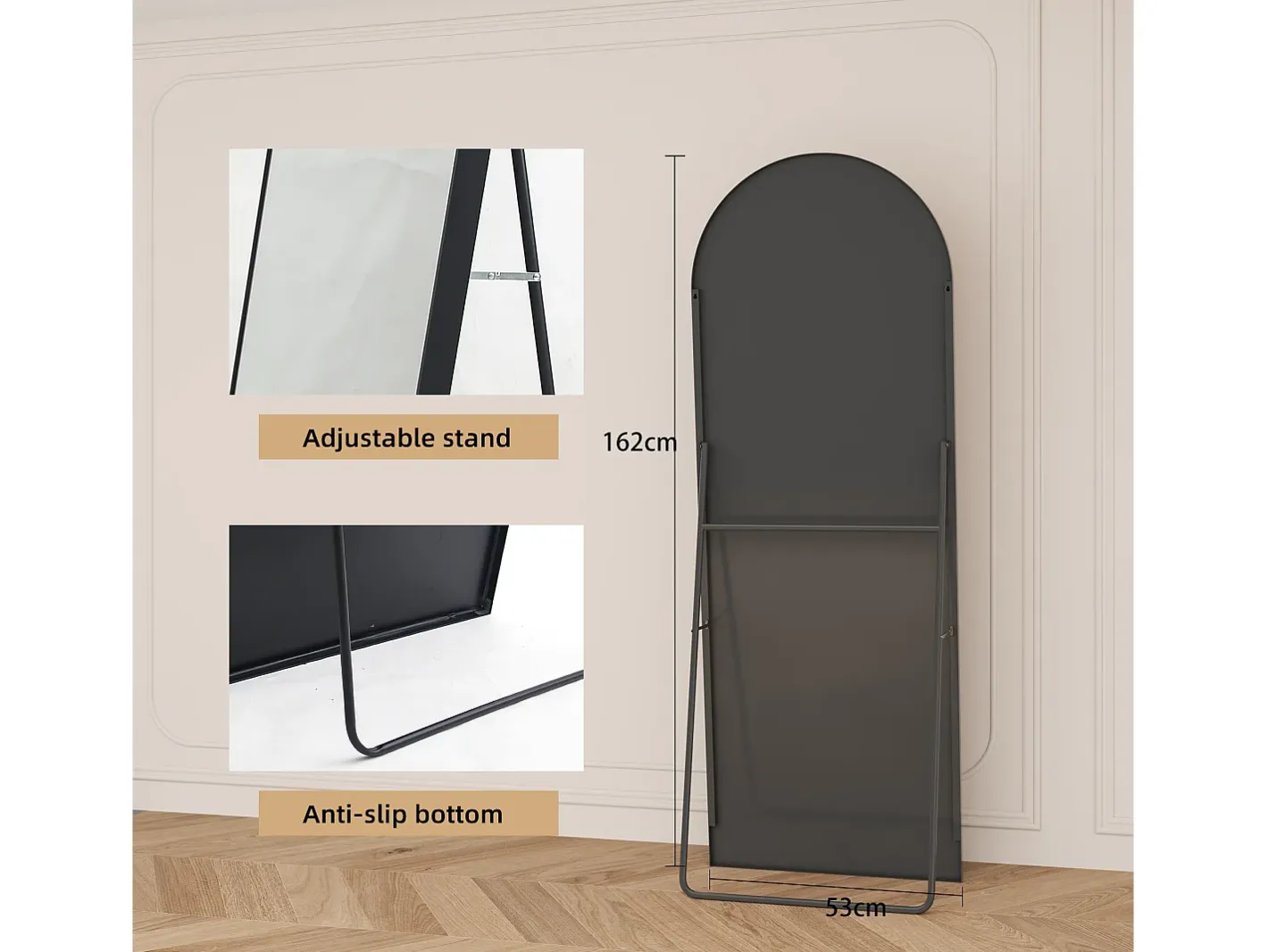 Espejo de cuerpo entero 162 x 53 cm, espejo de pie, espejo de pared grande, espejo de tocador de pie para dormitorio, salón, Negro Outlet
