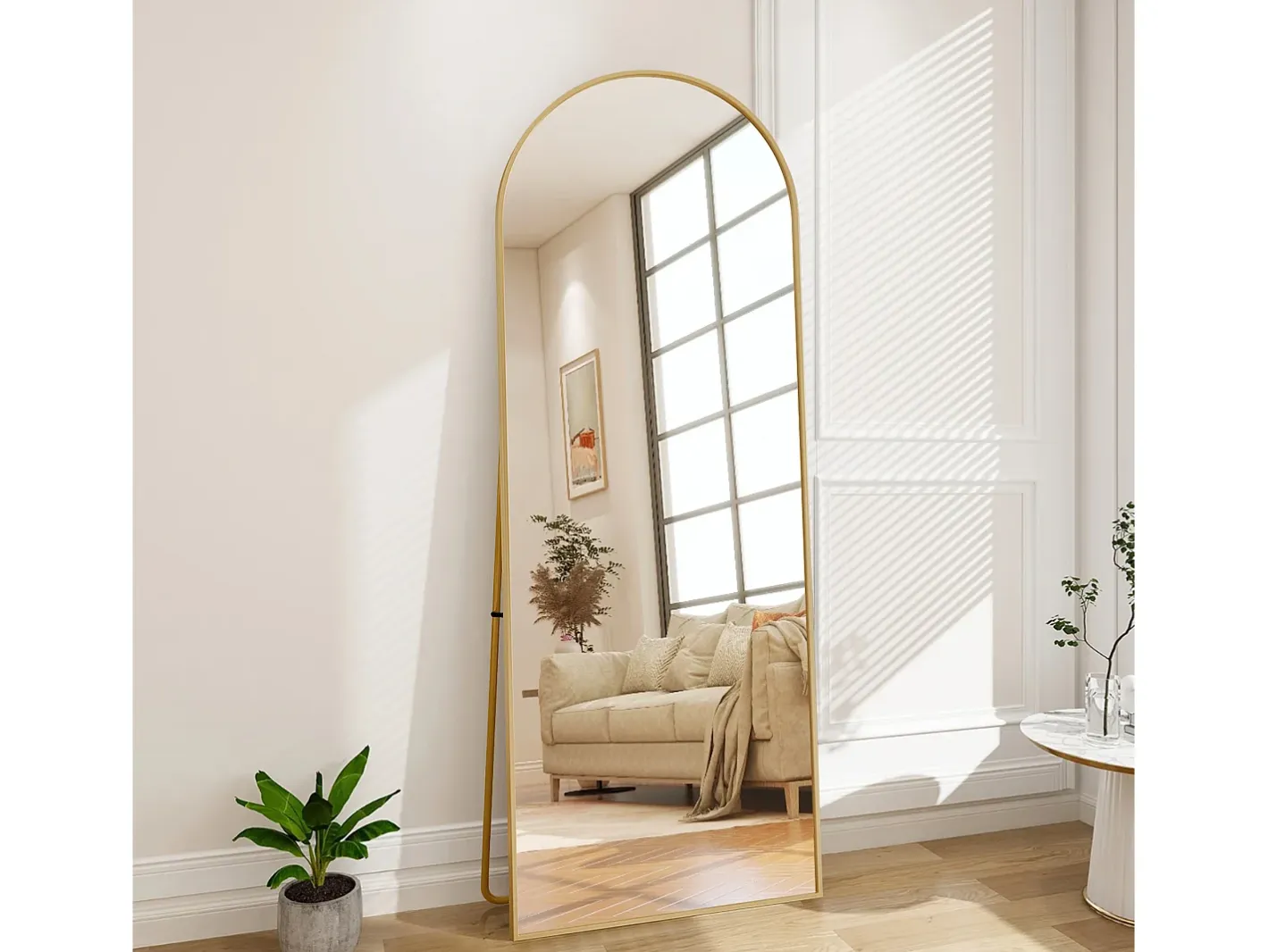 Espejo de cuerpo entero arqueado, 54 x 164 cm, de pared, inclinado, espejo de pie para salón, Dorado Outlet