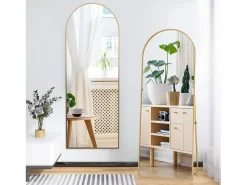 Espejo de cuerpo entero arqueado, 54 x 164 cm, de pared, inclinado, espejo de pie para salón, Dorado Outlet