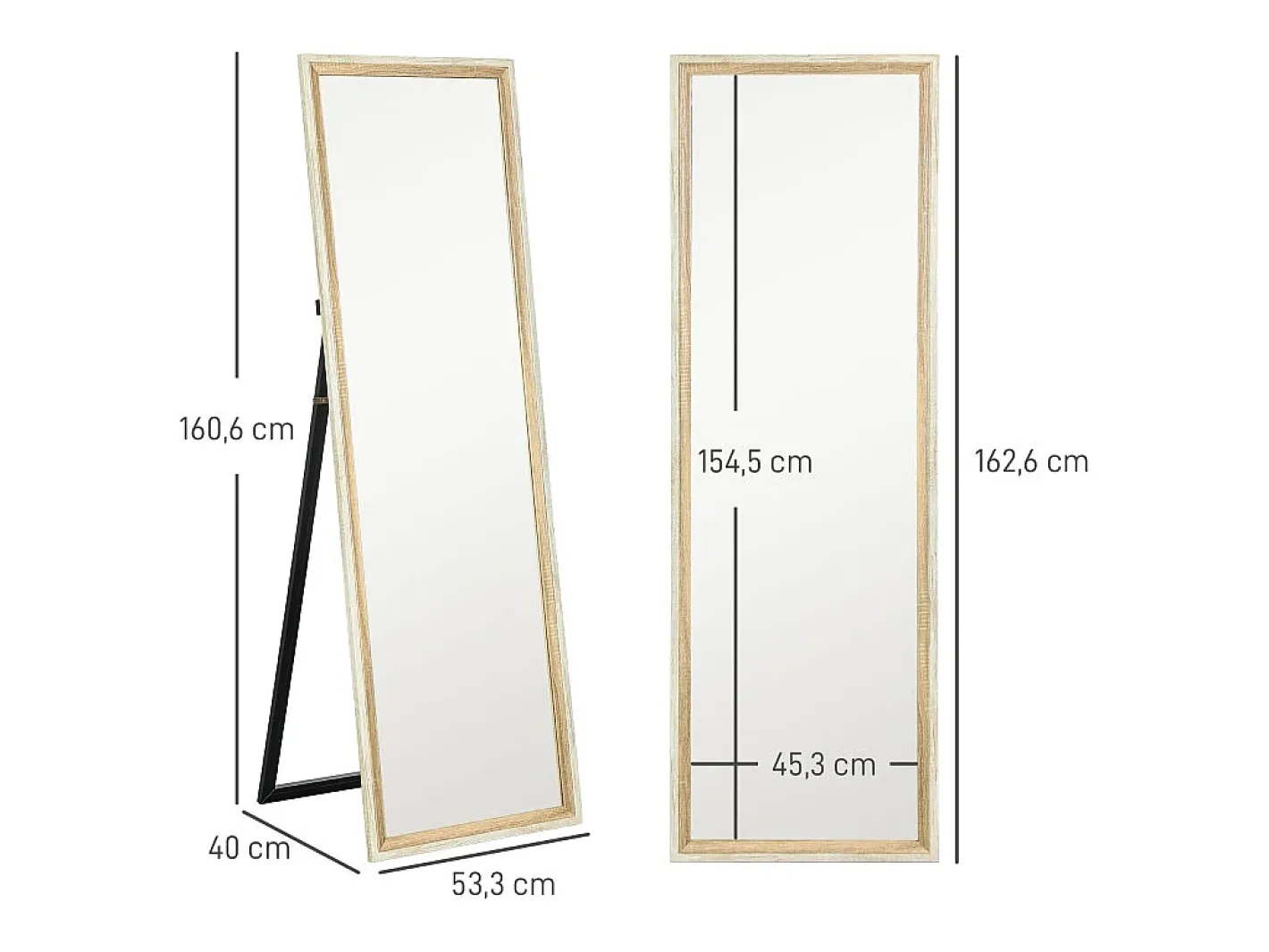 Espejo-Espejo de cuerpo entero con marco de madera natural y blanca, 162,6x53,5 cm, espejo de cuerpo entero, soporte incluido Blanco