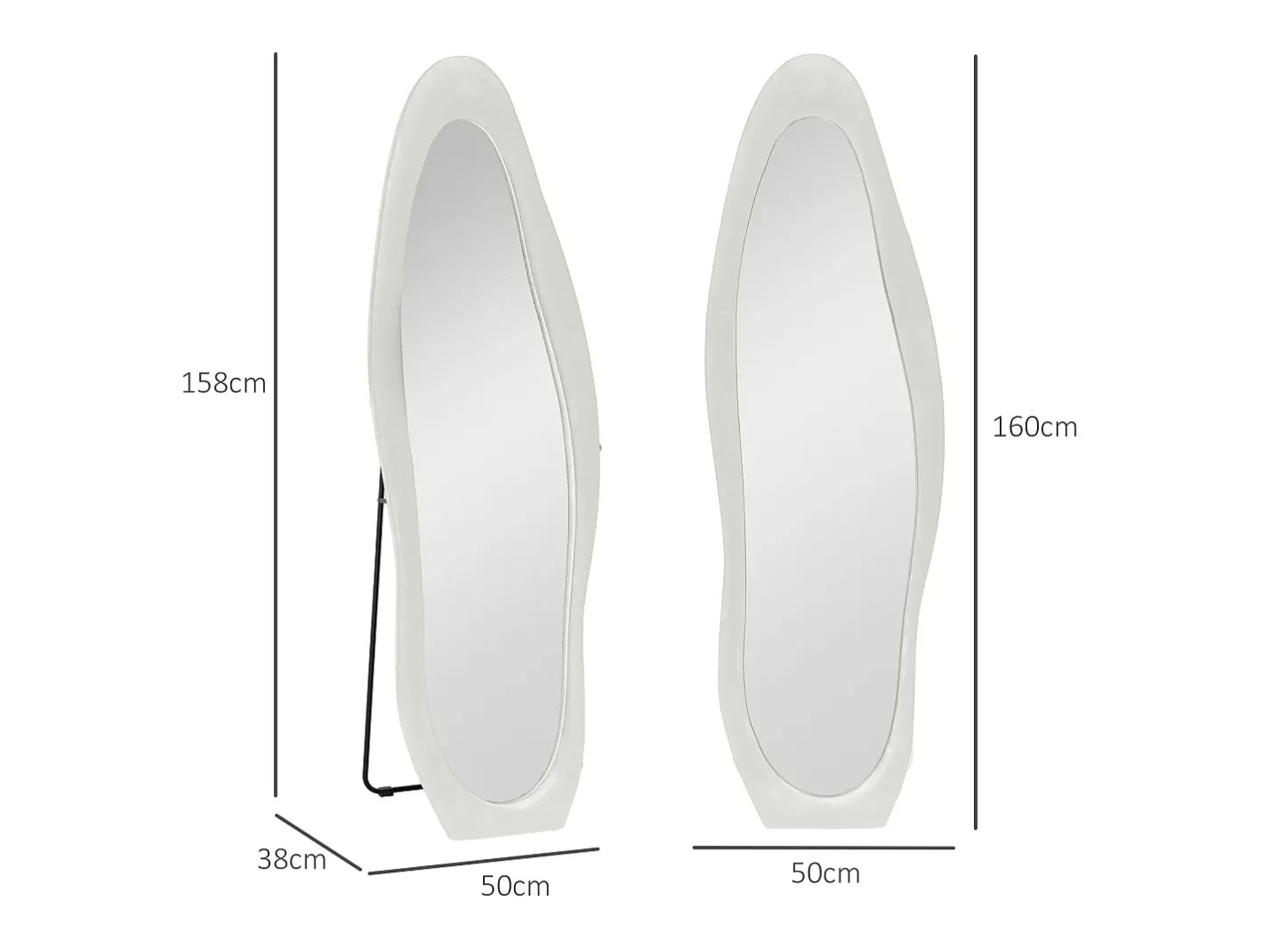 Espejo de cuerpo entero con soporte, diseño ondulado, cristal, , (50x4x160 cm) Blanco