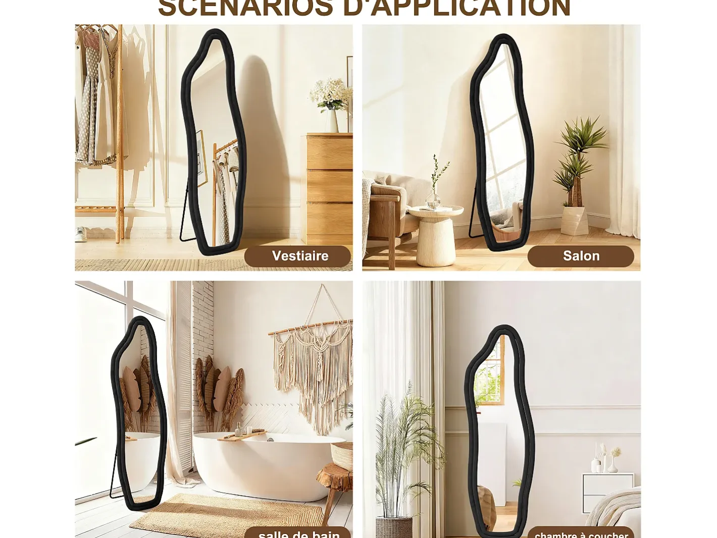 Espejo de cuerpo entero, de pie, con diseño ondulado irregular, con soporte ondulado, 50 x 160 cm, Dorado Online