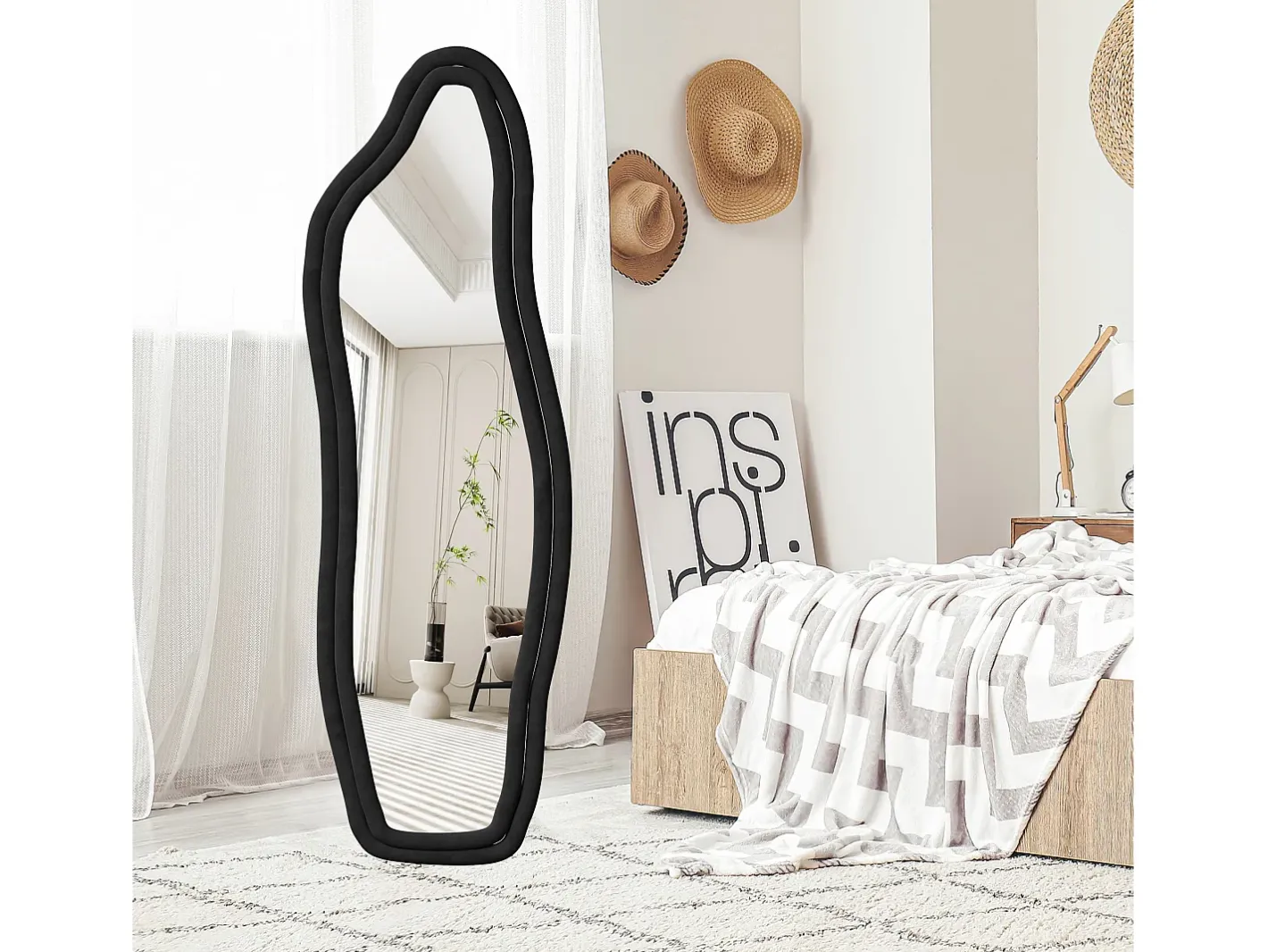 Espejo de cuerpo entero, de pie, con diseño ondulado irregular, con soporte ondulado, 45 x 140 cm, Negro Hot