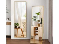 Espejo de cuerpo entero irrompible de 63 x 173 cm, de pie o para colgar en la pared, espejo de pie grande, Dorado