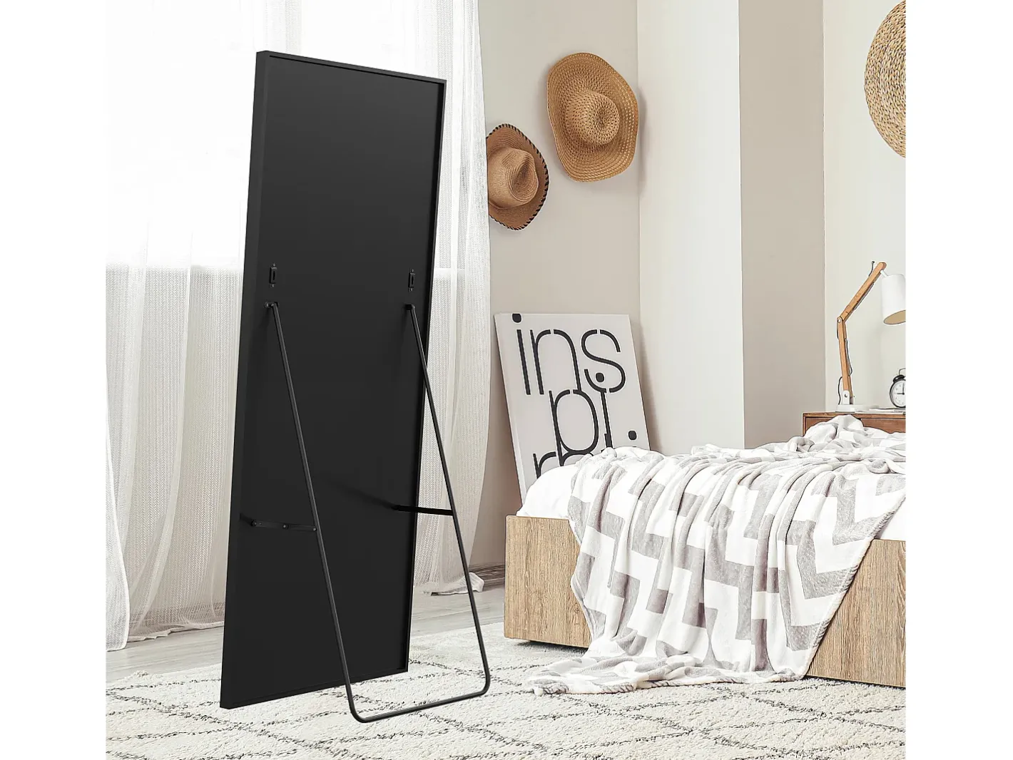 Espejo-Espejo de cuerpo entero irrompible de 77 x 177 cm, de pie o para colgar en la pared, espejo de suelo grande, Negro