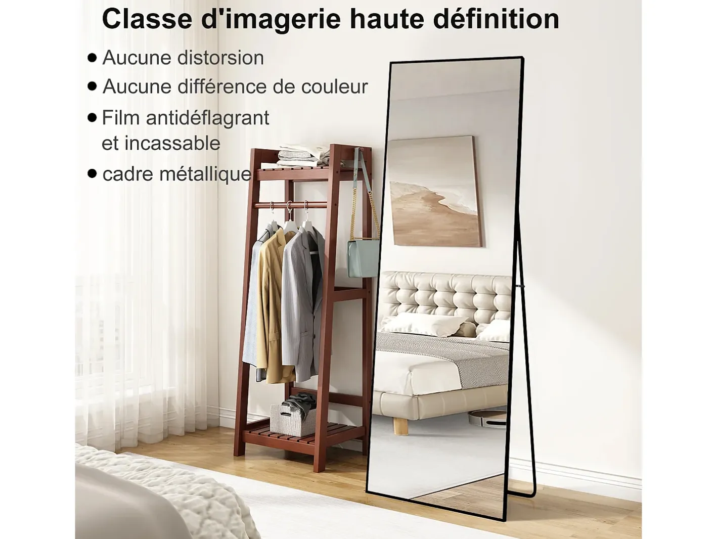 Espejo de cuerpo entero irrompible de 63 x 173 cm, de pie o para colgar en la pared, espejo de suelo grande, Negro Sale