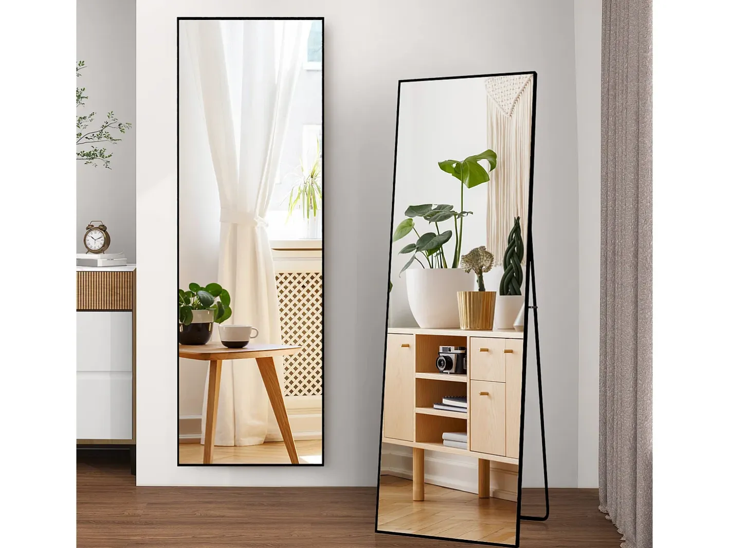 Espejo de cuerpo entero irrompible de 63 x 173 cm, de pie o para colgar en la pared, espejo de suelo grande, Negro Sale