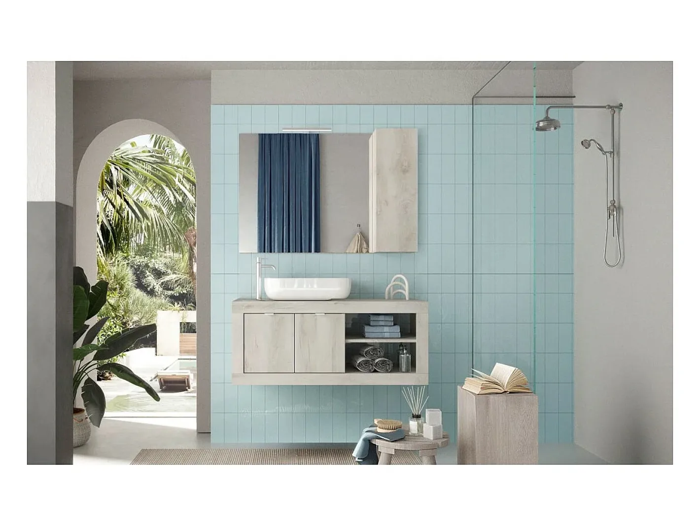 Clearance Meublorama Espejo de diseño con almacenamiento, 110x75 cm, colección ISORA, color efecto madera Blanco