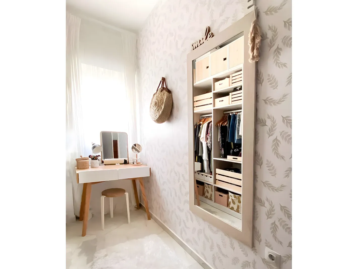 DECOWOOD Espejo De Pared|Espejo-Espejo de madera color beige de 70x150cm - SAND - Blanco