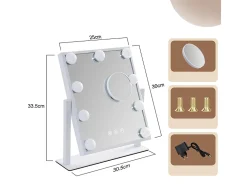 NETTLIFE Lámpara De Mesa-Espejo de maquillaje iluminado Hollywood Mirror - Espejo de tocador con 9 LED, espejo cosmético pequeño con luz giratoria de 3 modos Blanco