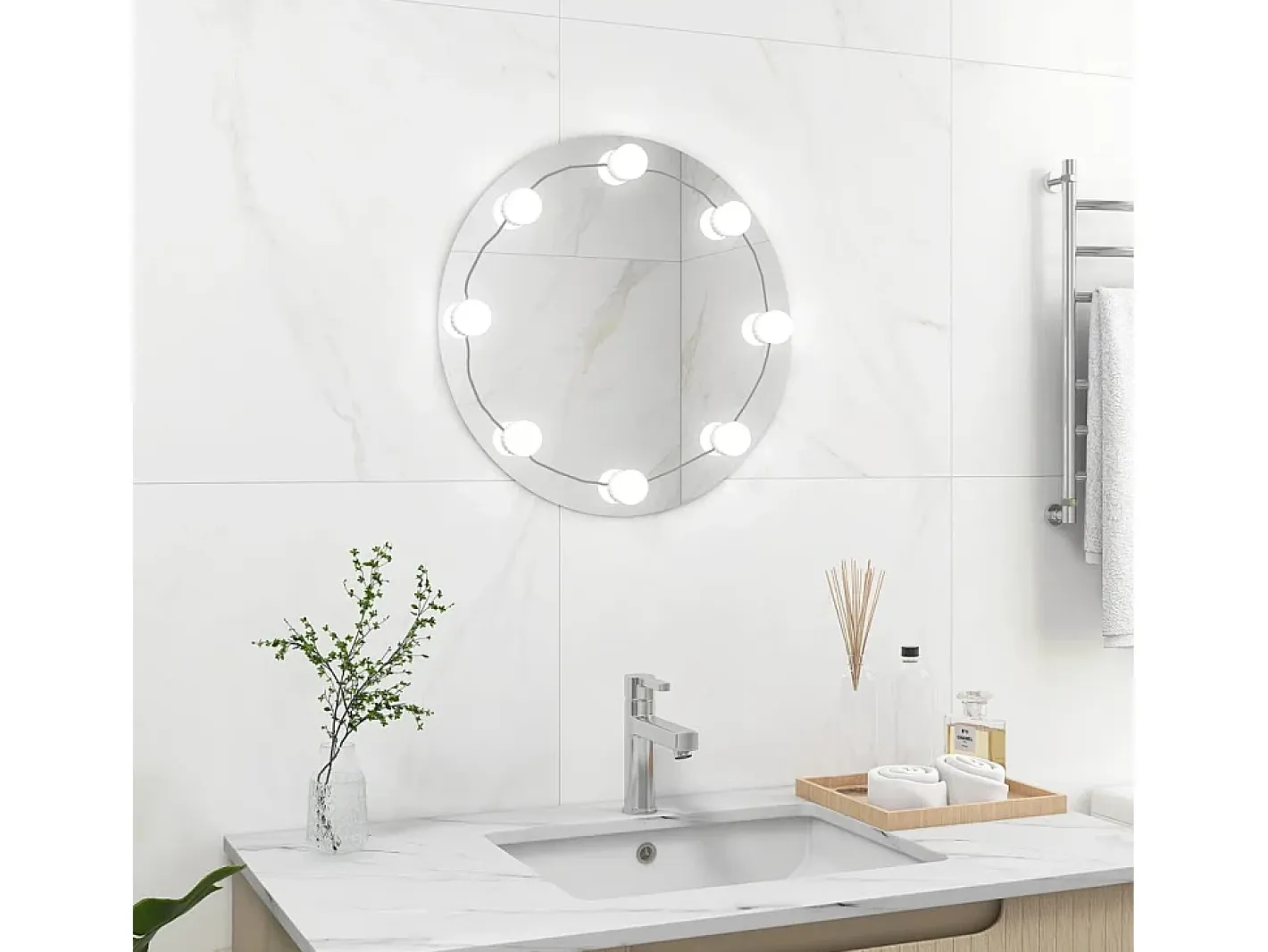 Espejo de pared con luces LED redondo de vidrio ES312264 Plateado Hot