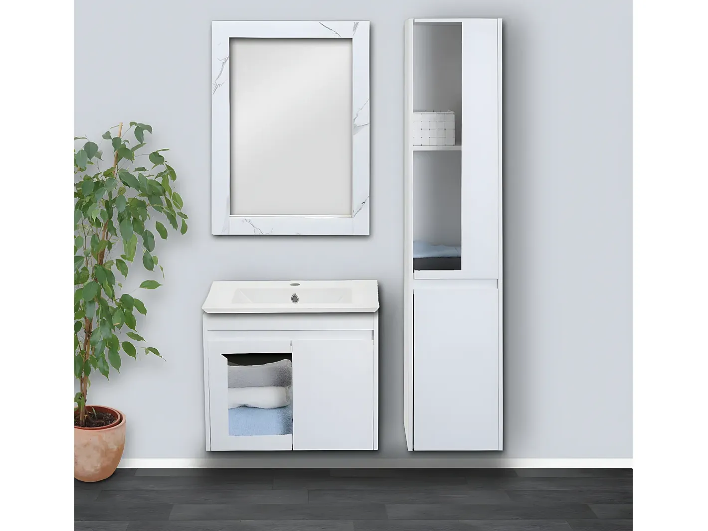 MCW Espejo de pared -L86, aspecto mármol blanco Gris / Blanco Outlet