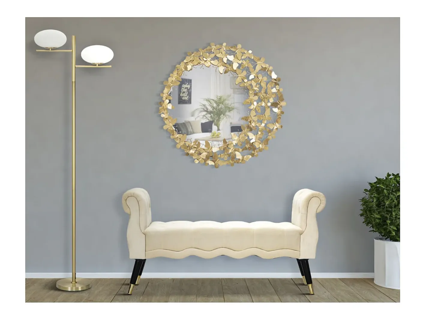 Espejo de pared redondo con mariposas 3D Butterfly Wind Dorado New
