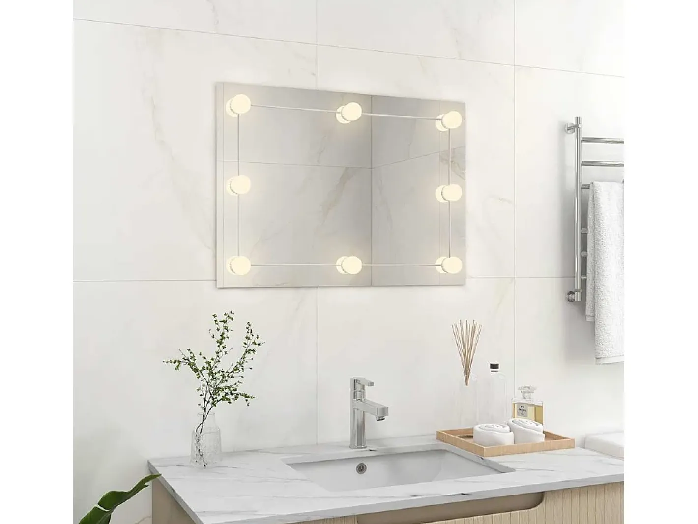 Espejo De Pared|Espejo-Espejo de pared sin marco con luces LED de cristal rectangular Plateado