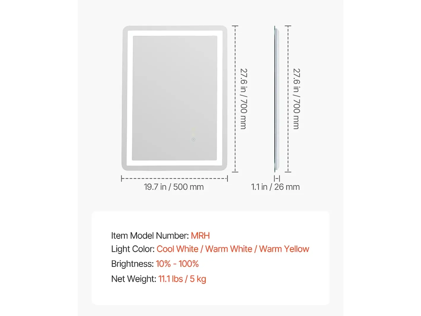 Clearance Espejo de Pared SucceBuy, 50 x 70 cm, Espejo de Baño LED, Montaje en Pared, Antiniebla, 3 Colores de Temperatura Ajustables Blanco
