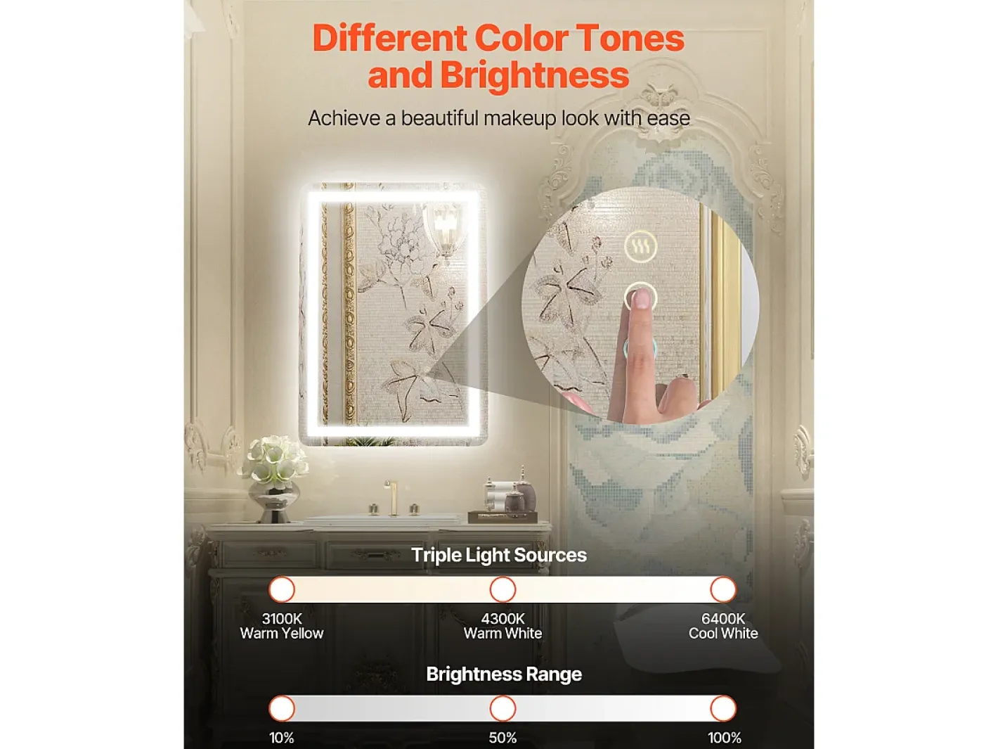 Clearance Espejo de Pared SucceBuy, 50 x 70 cm, Espejo de Baño LED, Montaje en Pared, Antiniebla, 3 Colores de Temperatura Ajustables Blanco