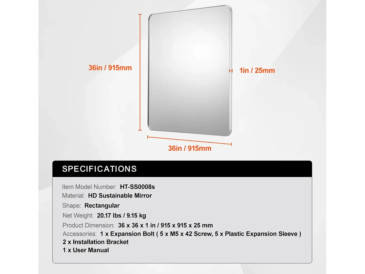 Espejo De Pared|Espejo-Espejo de Pared SucceBuy, 91,5 x 91,5 cm, Plata, Espejo Resistente a Rayones con Soporte en Forma de Z, con Contornos en Aleación de Aluminio Plateado