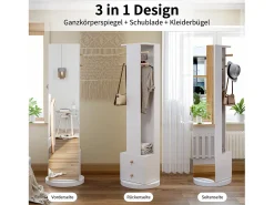 Espejo-Espejo de pie 3 en 1, giratorio 360°, de madera maciza, con armario y 2 cajones, 160 x 45 cm Blanco