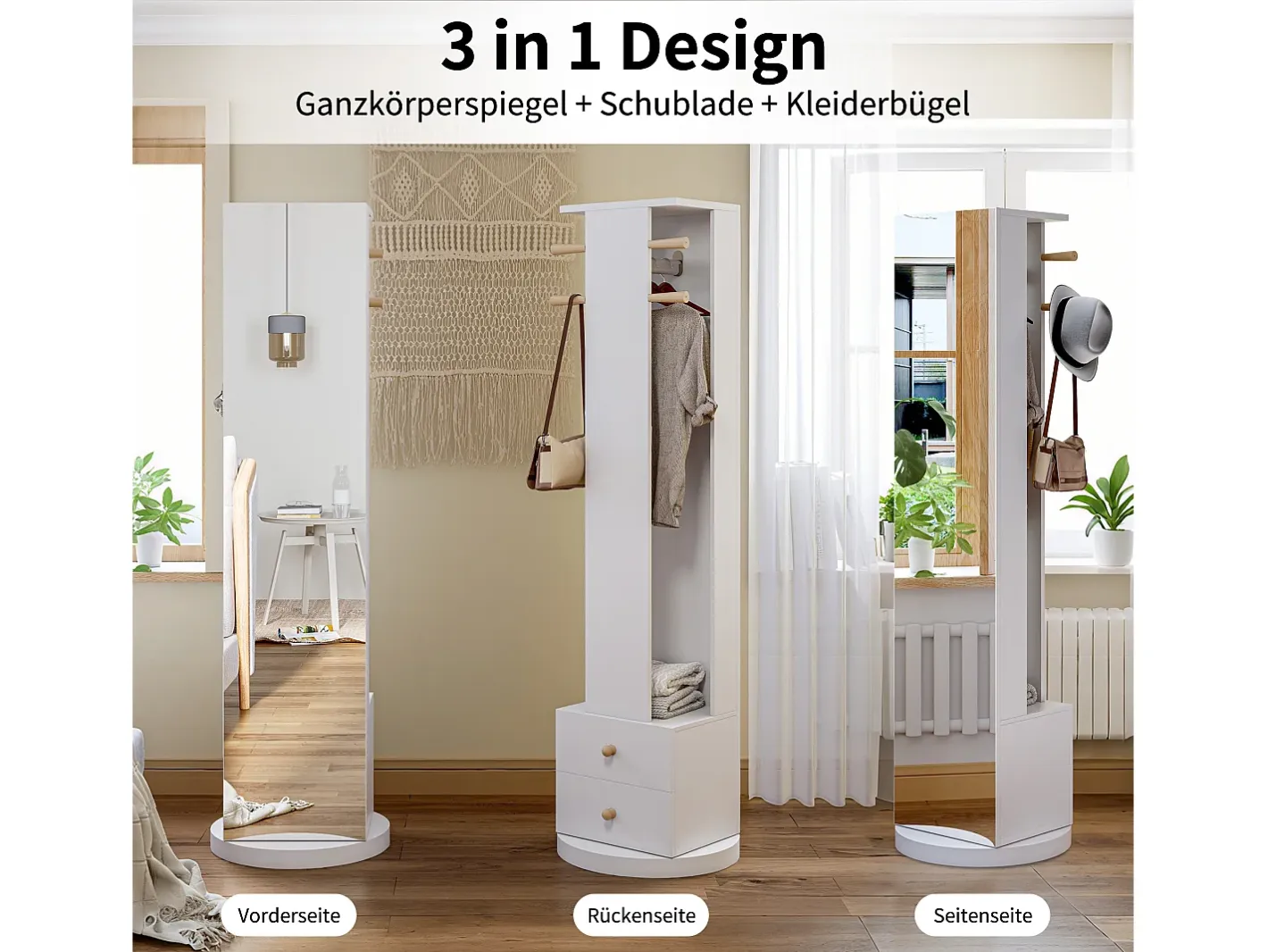 Espejo-Espejo de pie 3 en 1, giratorio 360°, de madera maciza, con armario y 2 cajones, 160 x 45 cm Blanco