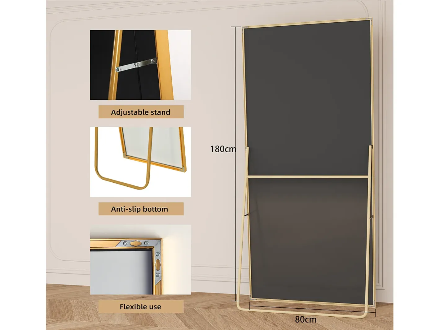 Espejo-Espejo de pie - Marco de metal - 180 x 80 cm - Rectangular - Para salón o vestidor - Dorado