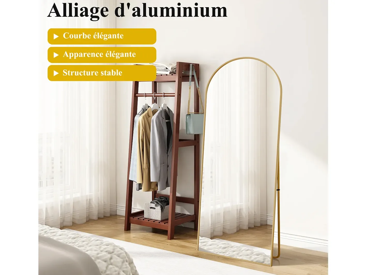 Espejo de pie arqueado 177×77 cm con marco – Diseño elegante y vintage, versátil (colgar o colocar) Dorado Clearance