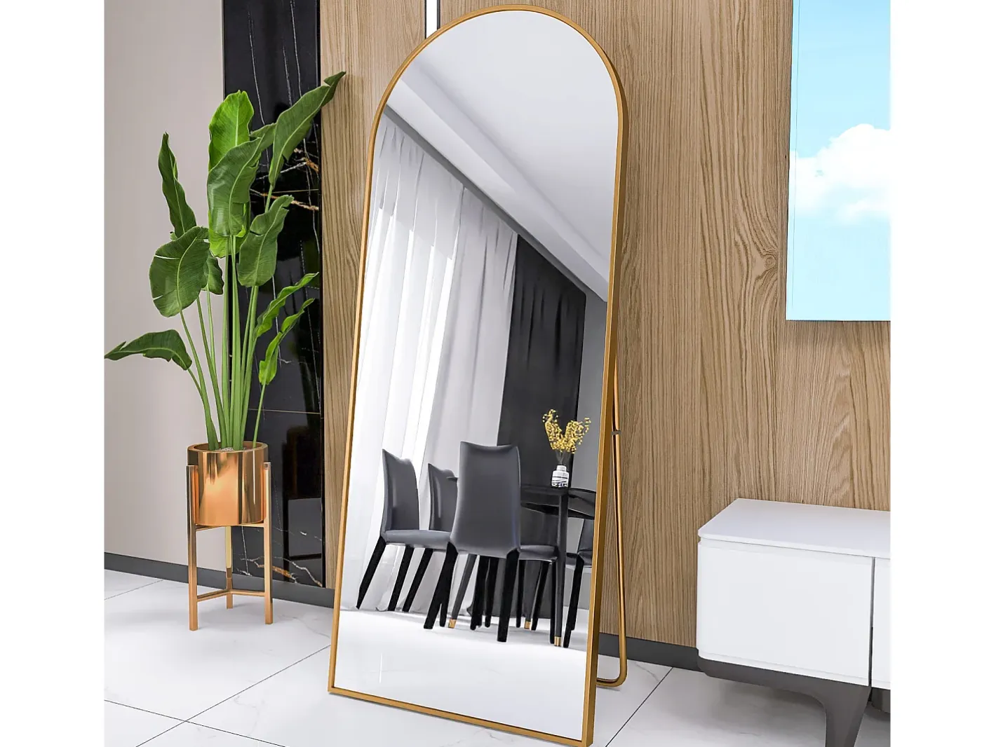 Espejo-Espejo de pie arqueado, 165 x 60 cm, con marco de metal, espejo de cuerpo entero, espejo de pared, para sala de estar o vestidor - Dorado