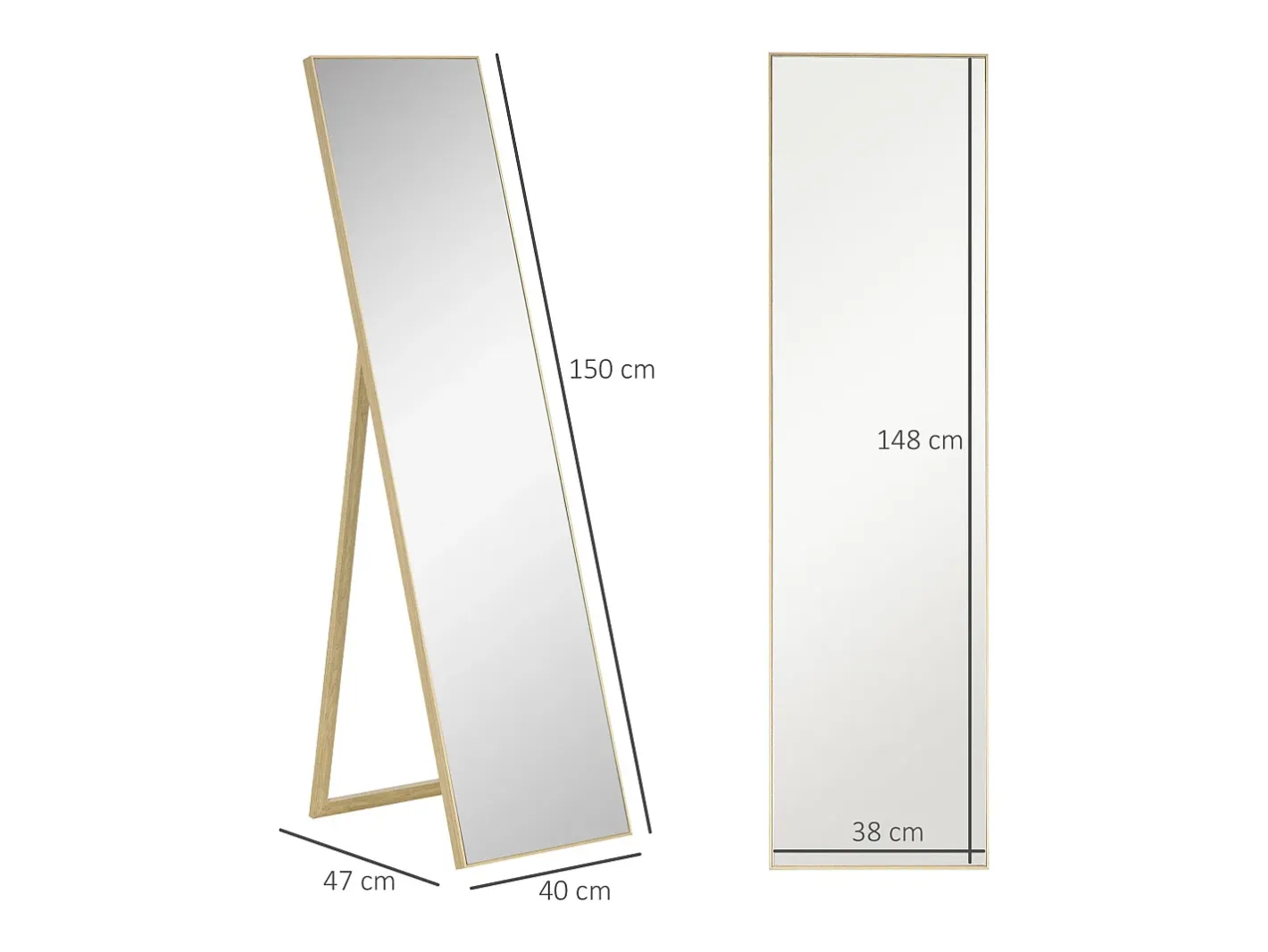 New Espejo de pie con consola efecto madera, marco de MDF, color plata y madera clara (40x35x147cm) Plateado