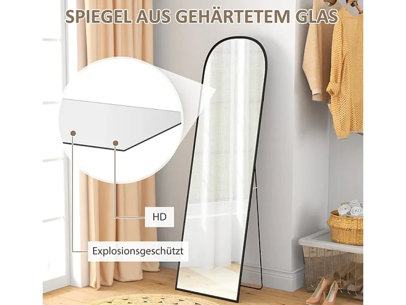 Hot Espejo de pie, curvado, con cristal irrompible y marco de aluminio, para salón, dormitorio, pasillo, color (169x49 cm) Negro