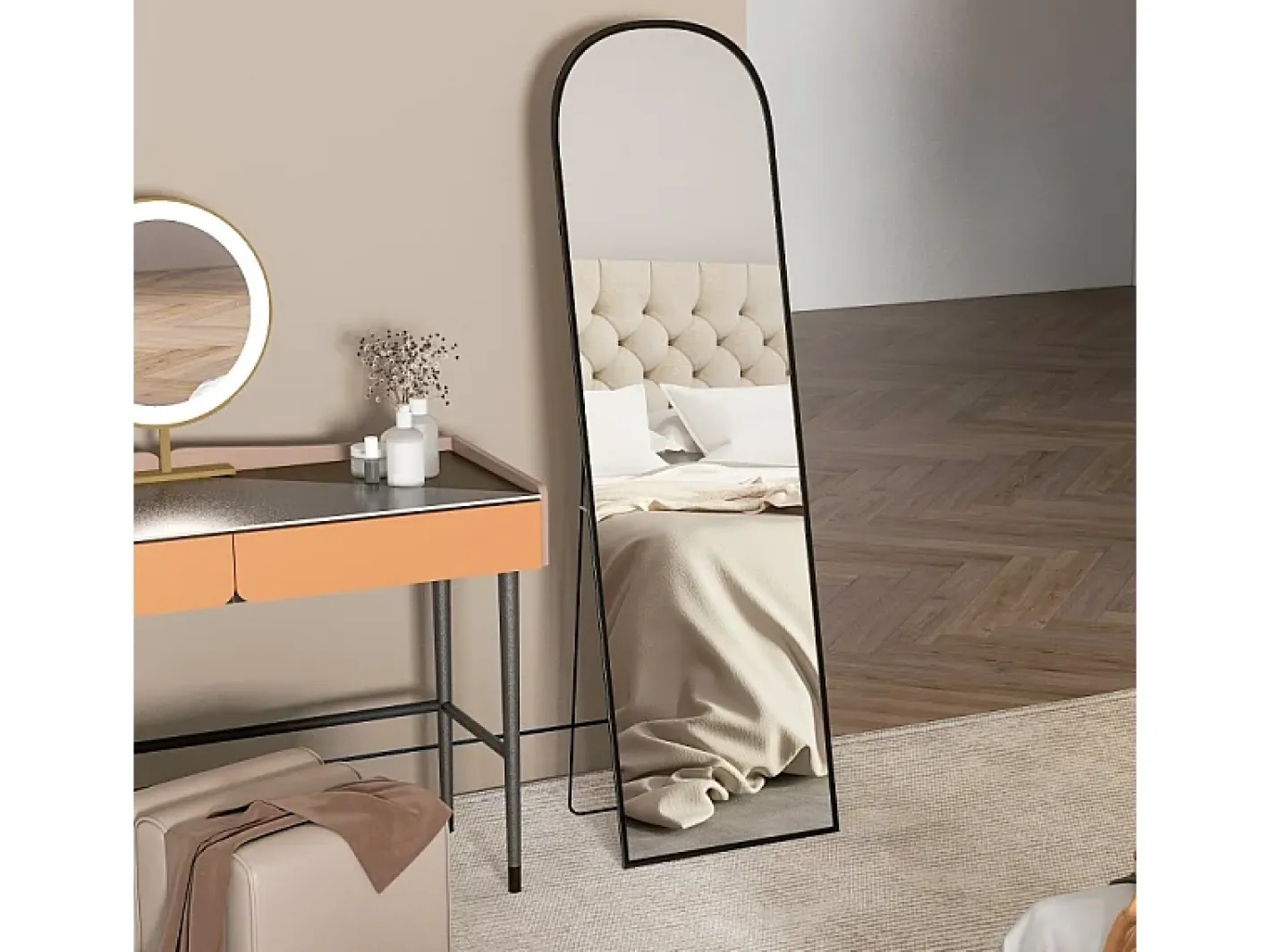 Hot Espejo de pie, curvado, con cristal irrompible y marco de aluminio, para salón, dormitorio, pasillo, color (169x49 cm) Negro
