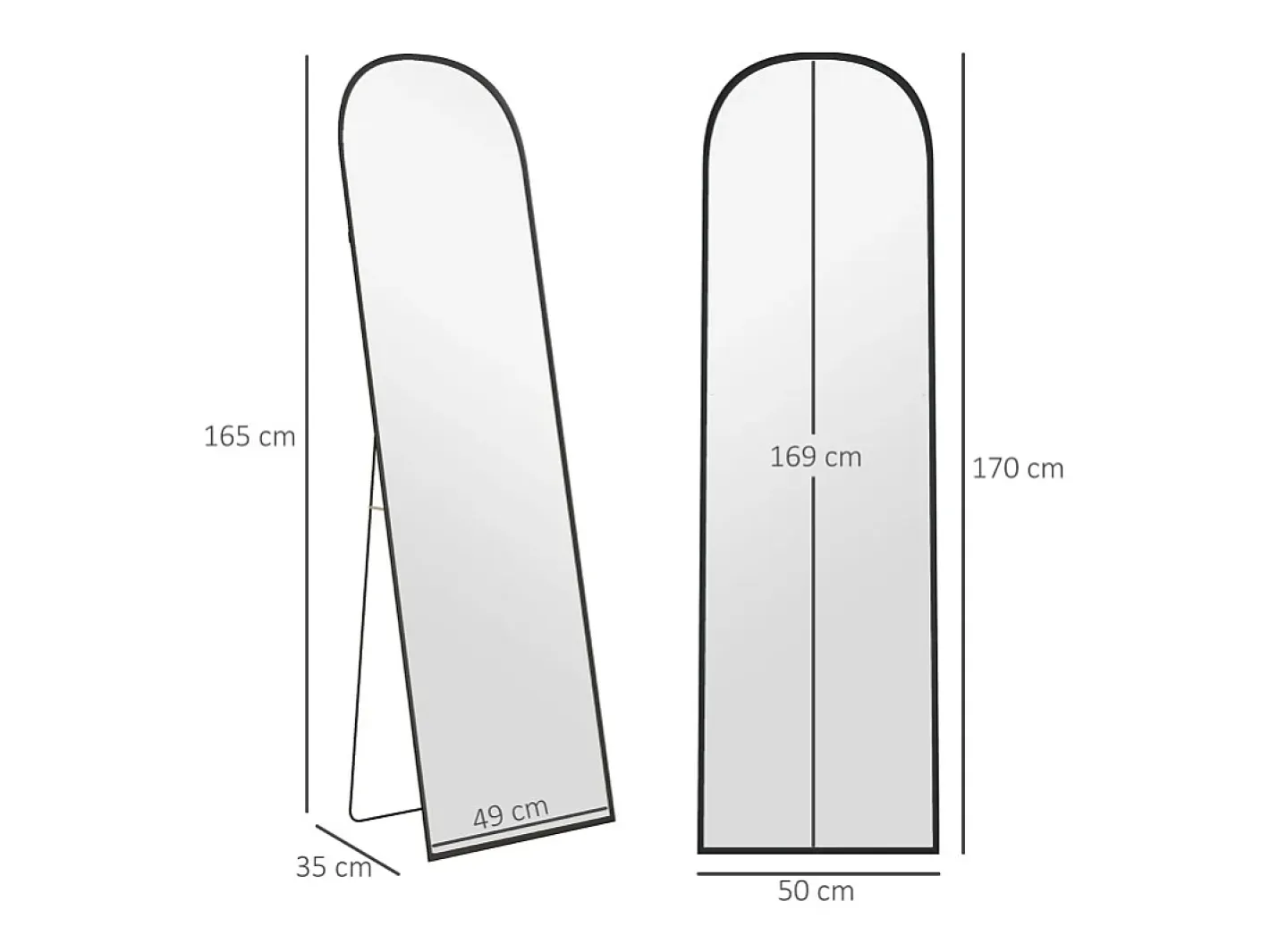 Hot Espejo de pie, curvado, con cristal irrompible y marco de aluminio, para salón, dormitorio, pasillo, color (169x49 cm) Negro