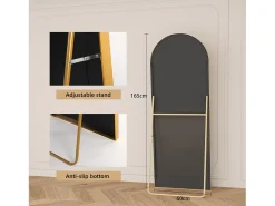 Espejo de pie de cuerpo entero, espejo independiente de 165 x 60 cm, marco de aluminio, espejo arqueado, Dorado