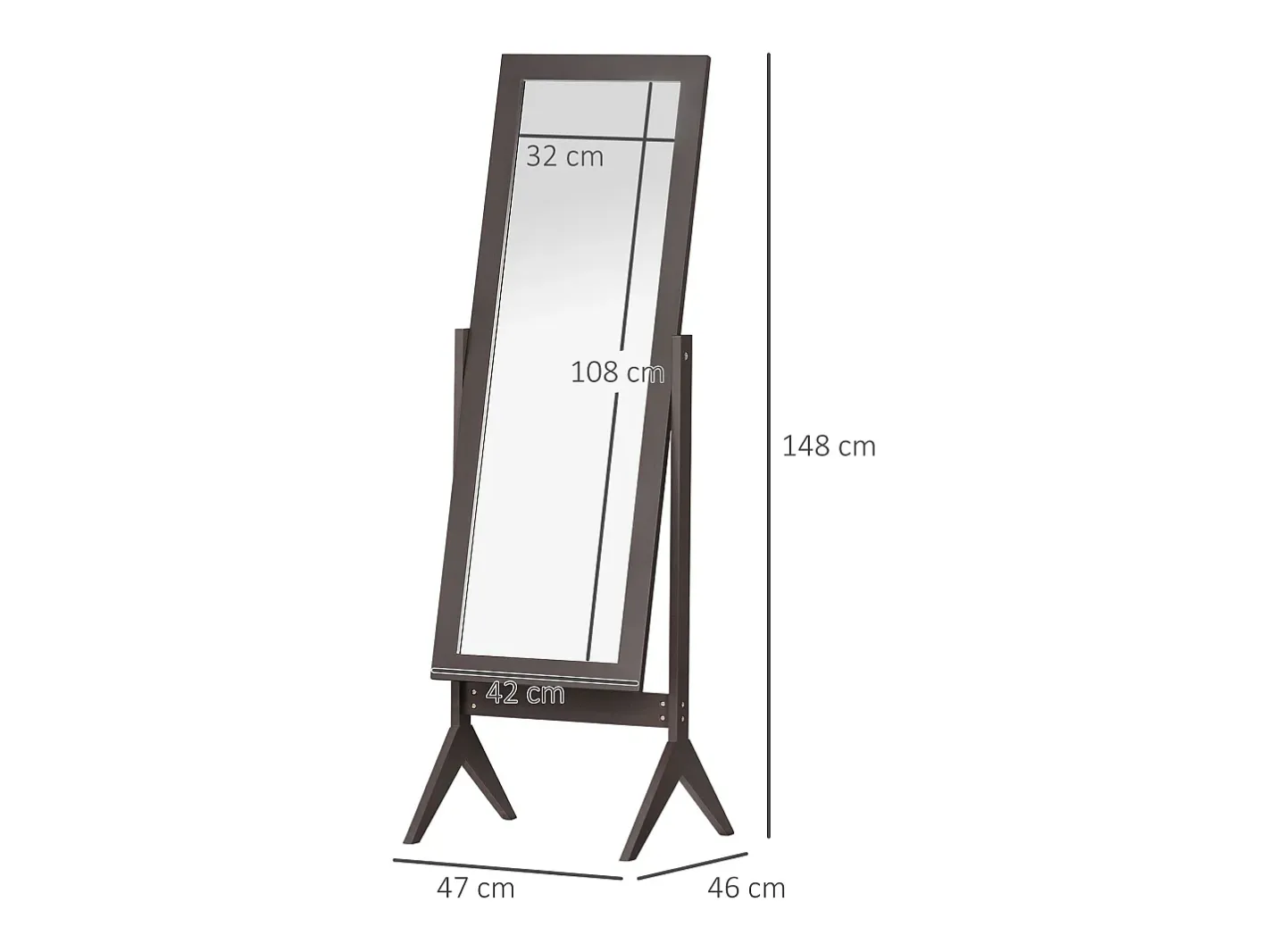 Espejo de pie inclinable, marco de MDF, acabado café, fácil mantenimiento (47x46x148cm) Marru00f3n Outlet