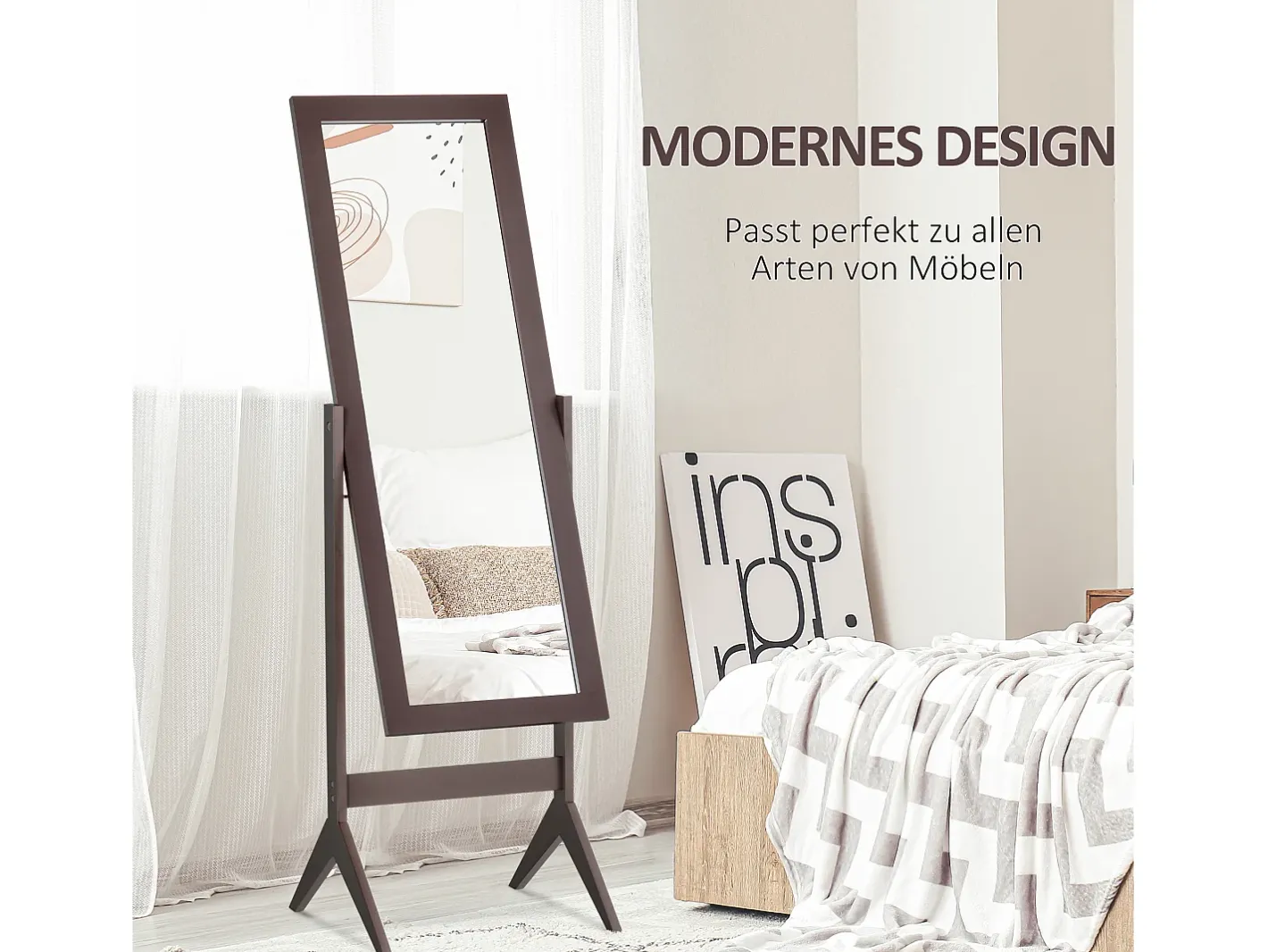 Espejo de pie inclinable, marco de MDF, acabado café, fácil mantenimiento (47x46x148cm) Marru00f3n Outlet