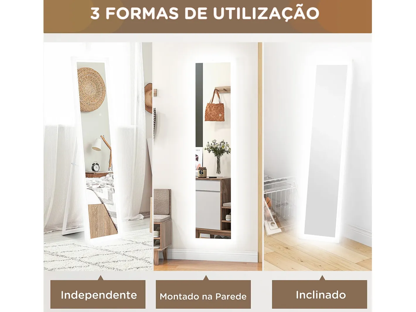 Discount Homcom Espejo de pie Nerpio luz LED ajustable 160x40 cm Blanco