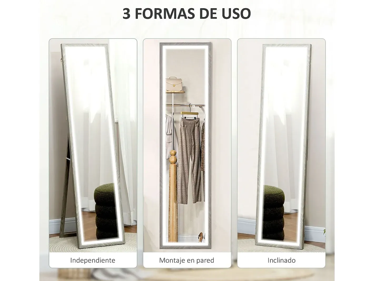 New Homcom Espejo de pie Nerpio luz LED ajustable 160x40 cm Gris