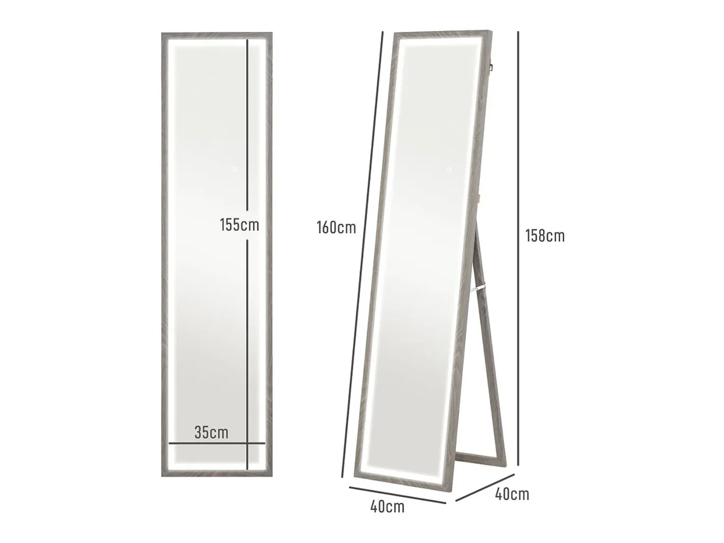 New Homcom Espejo de pie Nerpio luz LED ajustable 160x40 cm Gris