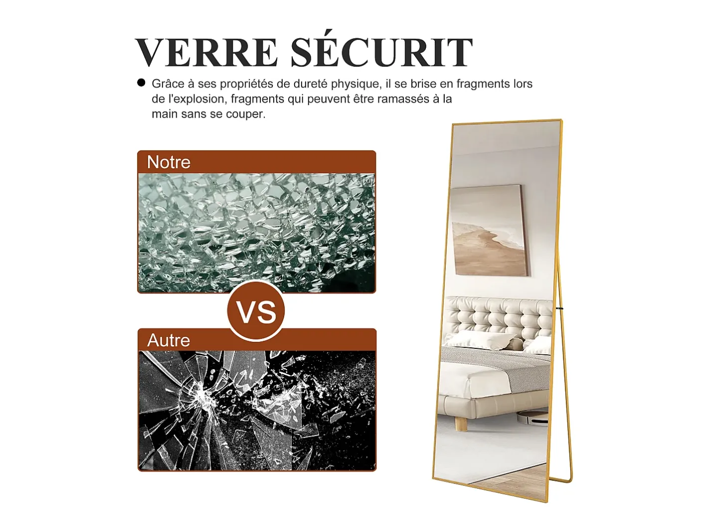 Espejo de pie rectangular 174×63 cm con marco – Diseño minimalista y moderno Dorado Hot